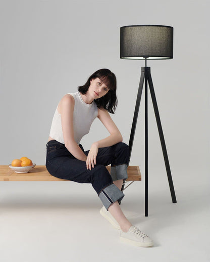 Vloerlamp Tripod Houten Driepoot 152cm Met Stoffen Kap LED