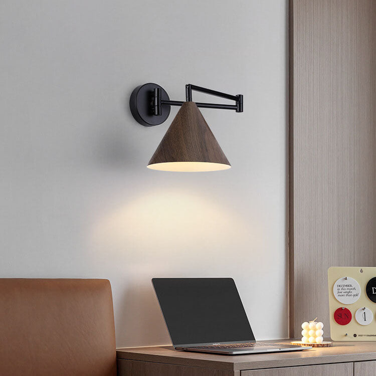 Wandlamp Zwenkarm IJzer Conische Kap Walnoot Houtkleur E26 18x14cm Slaapkamer Leeslamp