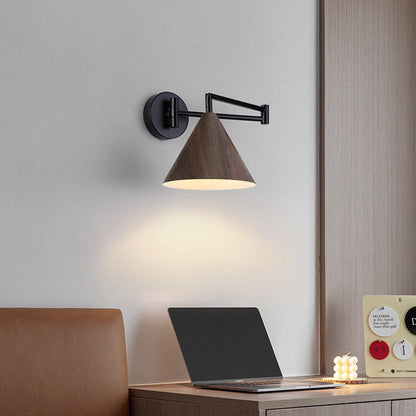 Wandlamp Zwenkarm IJzer Conische Kap Walnoot Houtkleur E26 18x14cm Slaapkamer Leeslamp