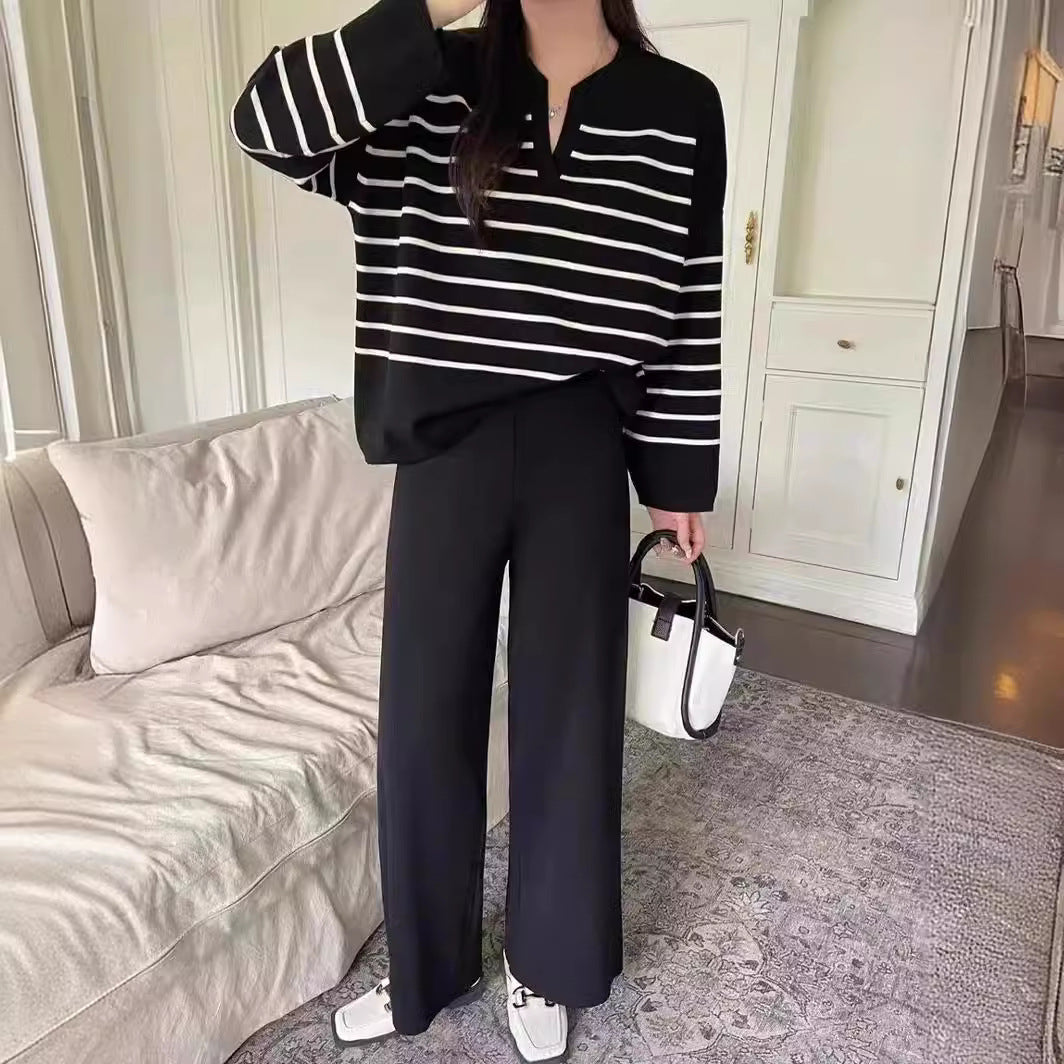 Dames Gebreide Set Streepjes Broek en Top Tweedelig