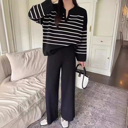 Dames Gebreide Set Streepjes Broek en Top Tweedelig