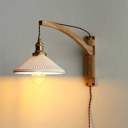 Wandlamp Hout Glas Geplooide Kap E26 Hal Woonkamer Slaapkamer Uitstelbaar Zwenkarm Messing Retro Japandi Sfeerlamp
