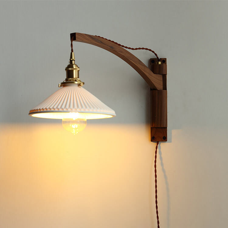 Wandlamp Hout Glas Geplooide Kap E26 Hal Woonkamer Slaapkamer Uitstelbaar Zwenkarm Messing Retro Japandi Sfeerlamp