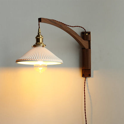 Wandlamp Hout Glas Geplooide Kap E26 Hal Woonkamer Slaapkamer Uitstelbaar Zwenkarm Messing Retro Japandi Sfeerlamp