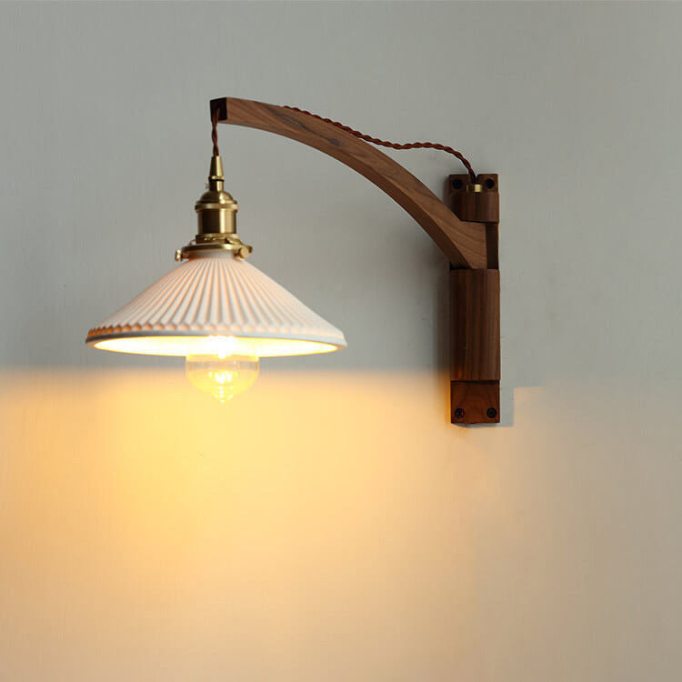 Wandlamp Hout Glas Geplooide Kap E26 Hal Woonkamer Slaapkamer Uitstelbaar Zwenkarm Messing Retro Japandi Sfeerlamp