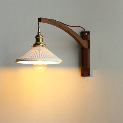 Wandlamp Hout Glas Geplooide Kap E26 Hal Woonkamer Slaapkamer Uitstelbaar Zwenkarm Messing Retro Japandi Sfeerlamp