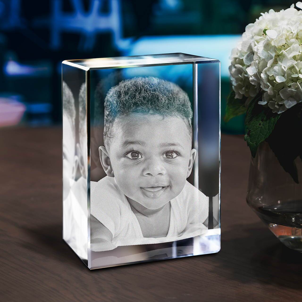 Gepersonaliseerd 2D/3D Kristal Gedenkkristal met Eigen Foto – Verlicht Herinneringsblok met Houten Voet