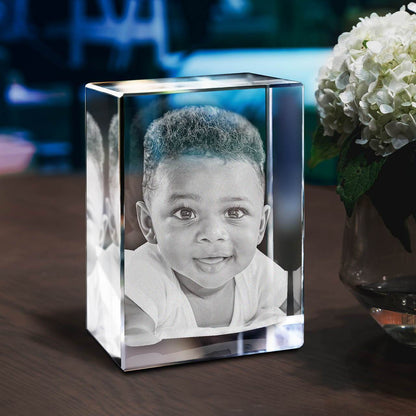 Gepersonaliseerd 2D/3D Kristal Gedenkkristal met Eigen Foto – Verlicht Herinneringsblok met Houten Voet
