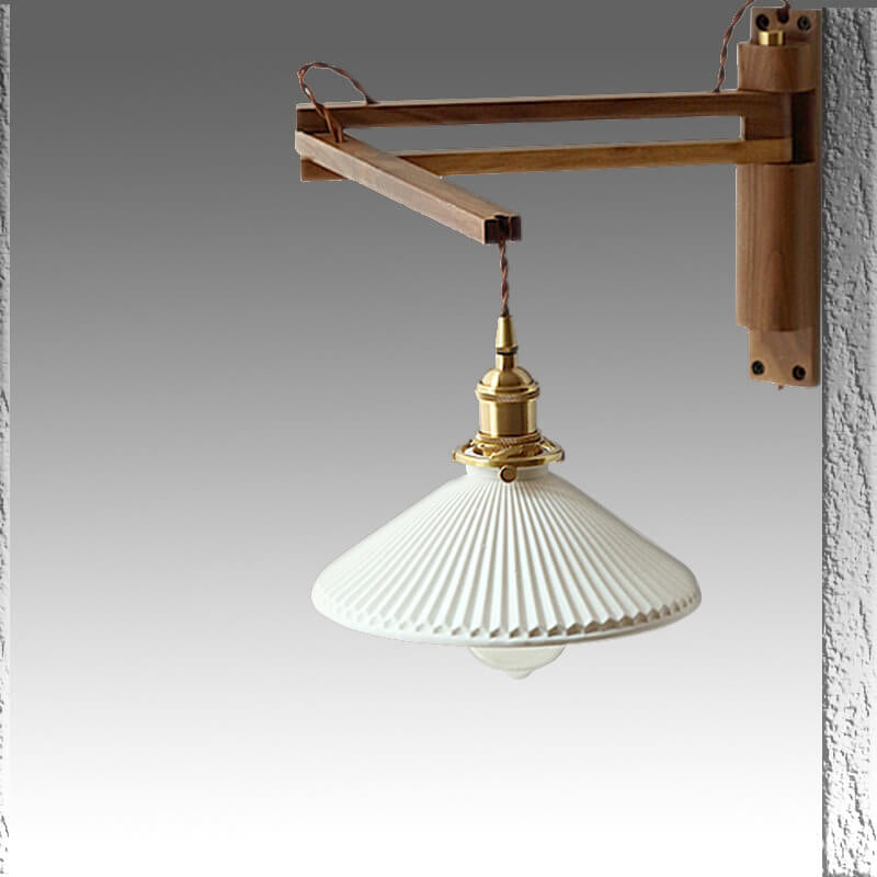 Wandlamp Hout Glas Geplooide Kap E26 Hal Woonkamer Slaapkamer Uitstelbaar Zwenkarm Messing Retro Japandi Sfeerlamp