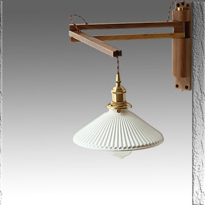 Wandlamp Hout Glas Geplooide Kap E26 Hal Woonkamer Slaapkamer Uitstelbaar Zwenkarm Messing Retro Japandi Sfeerlamp