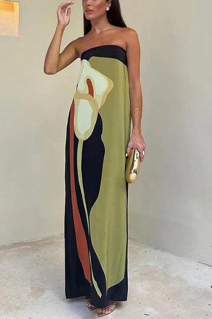 Strapless Maxi Jurk met Bloemenprint Luxe Stof