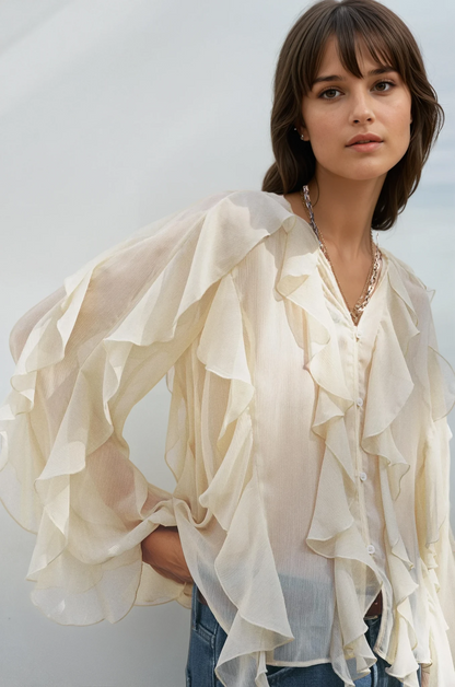 Vrouwelijke Blouse Ruches Doorzichtige Mouwen Romantisch Design