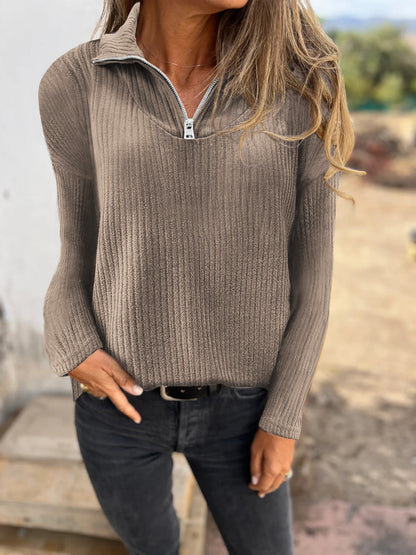 Dames Trui met Halve Rits en Ribbelstructuur Elegante Basislook → Dames Trui Halve Rits Ribbelstructuur Elegante Basislook