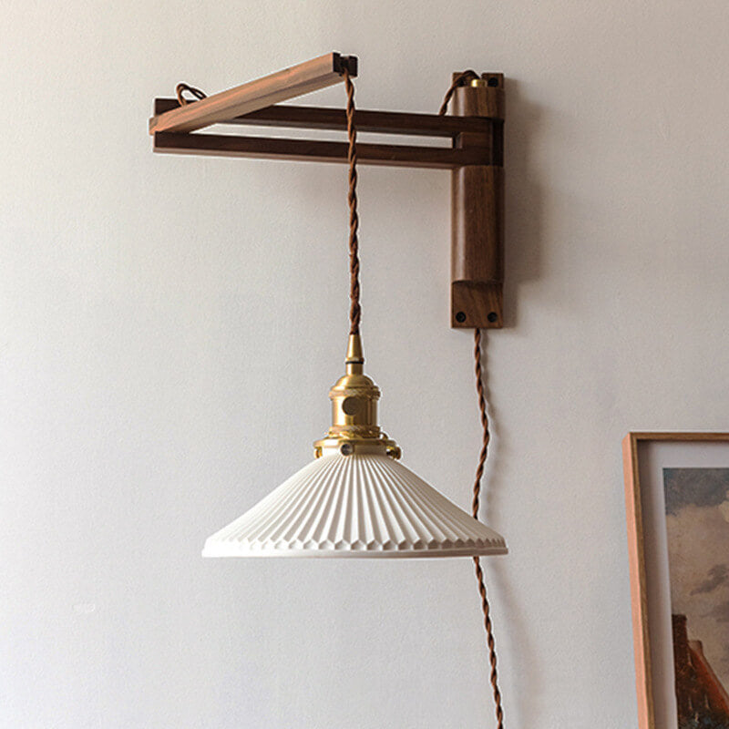 Wandlamp Hout Glas Geplooide Kap E26 Hal Woonkamer Slaapkamer Uitstelbaar Zwenkarm Messing Retro Japandi Sfeerlamp