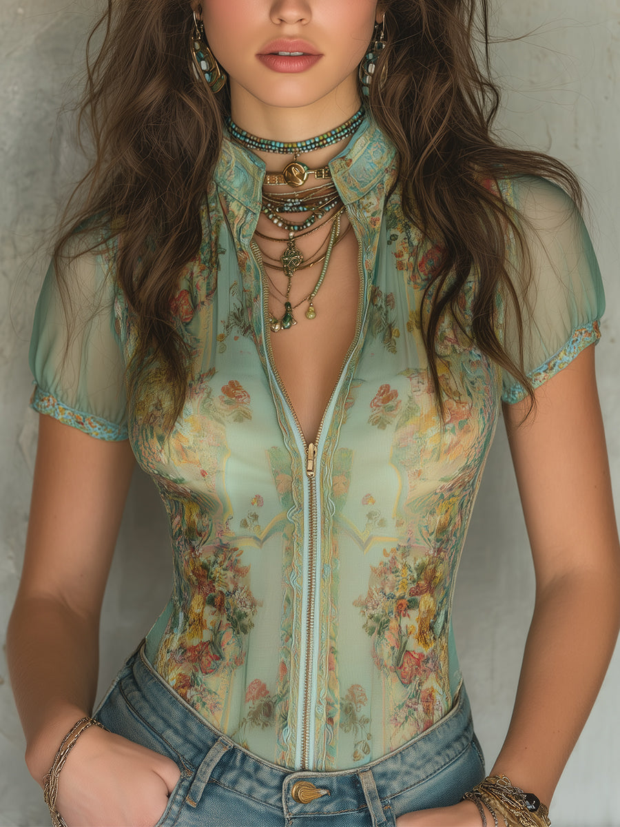 Dames Blouse Chiffon Retro Print Slim Fit - StudioMarella