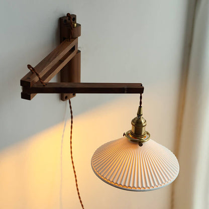 Wandlamp Hout Glas Geplooide Kap E26 Hal Woonkamer Slaapkamer Uitstelbaar Zwenkarm Messing Retro Japandi Sfeerlamp