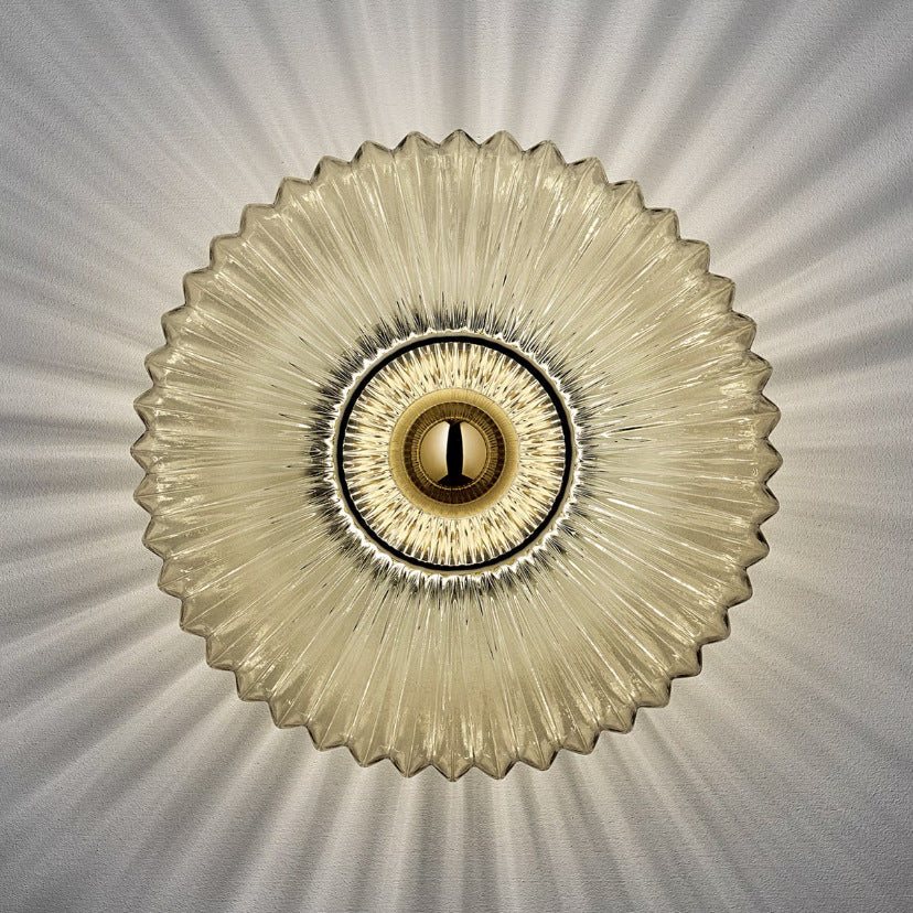 Wandlamp Geribbeld Glas Cognac Goud Messing Woonkamer Slaapkamer Hal Plafondlamp Schelp Retro Art Deco Wandverlichting
