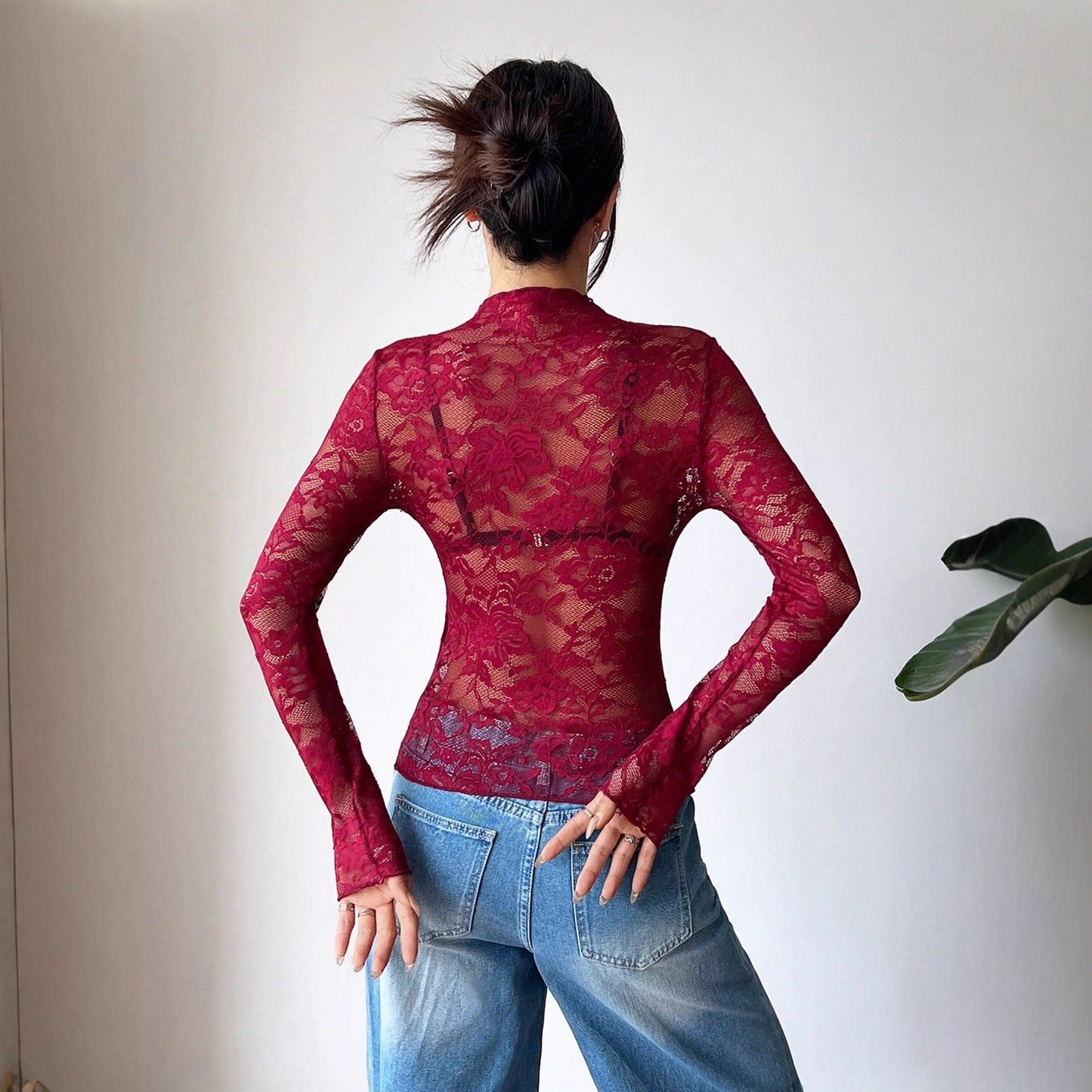 Dames Top Lange Mouwen Kanten Detail Slank
