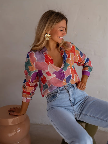 Dames Blouse Viscose Comfortabele Pasvorm Geometrisch Motief