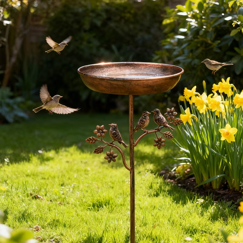 Drinkschaal voor Tuinvogels op Metalen Prikker met Vintage Koperkleur 76cm Hoog Demontabel
