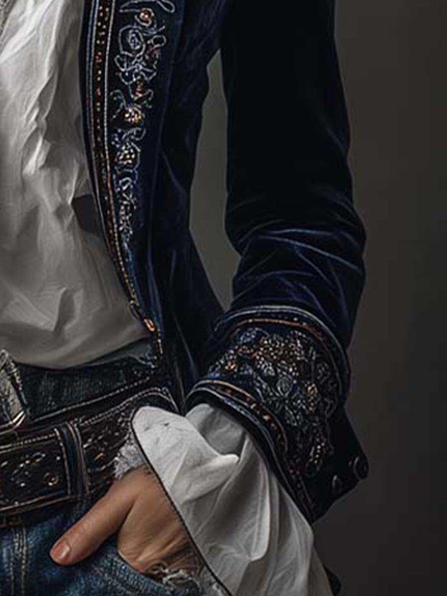 Dames Fluwelen Jas Lang met Elegant Borduurwerk