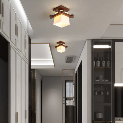 LED plafondlamp hout E27 wit Japandi hal slaapkamer woonkamer 20 cm vierkante plafondlamp Japanse stijl