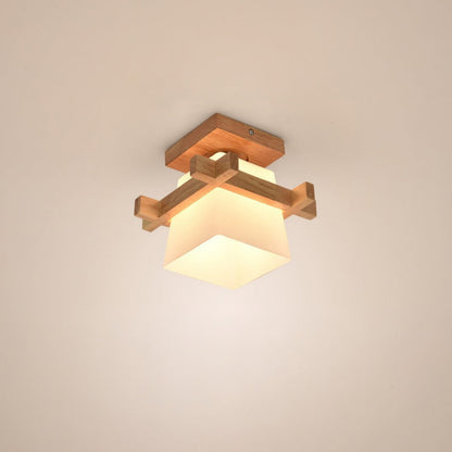 LED plafondlamp hout E27 wit Japandi hal slaapkamer woonkamer 20 cm vierkante plafondlamp Japanse stijl