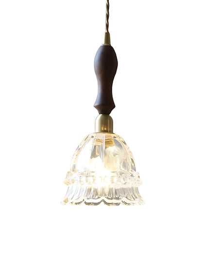 Franse Landelijke Hanglamp Glazen Kap Kwallen Design Transparant of Amber met Walnoot Greep Sfeerverlichting Eetkamer Elegante Plafondlamp