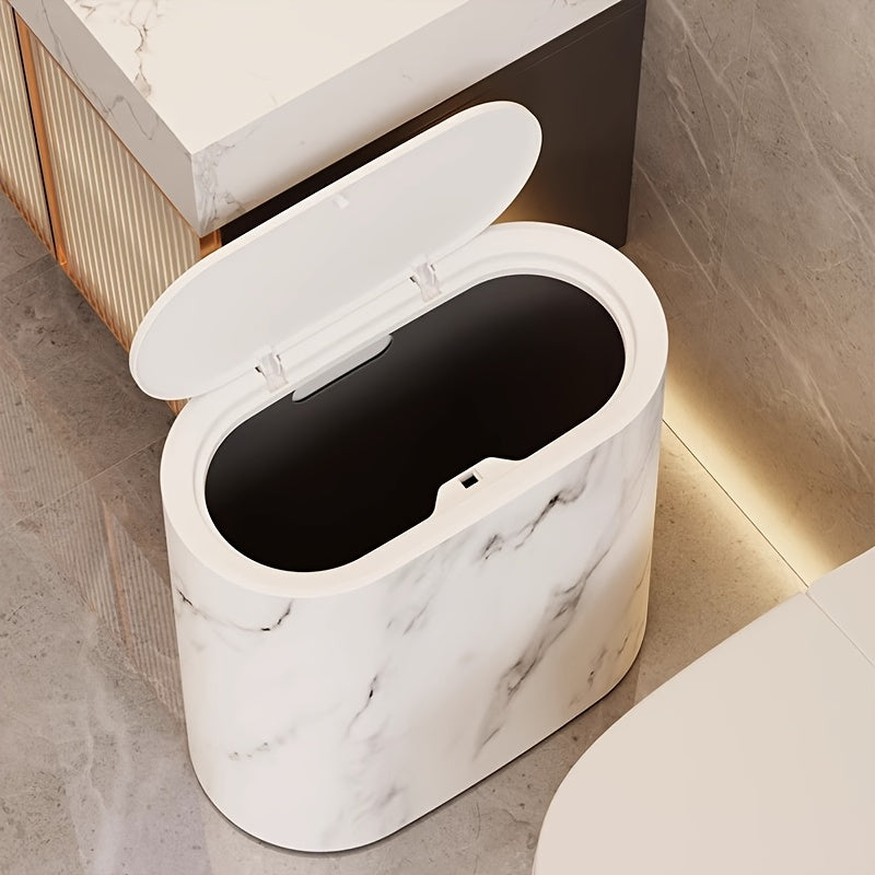 Prullenbak Marmer Look Ovaal Met Deksel Compact 29x29x14,5cm