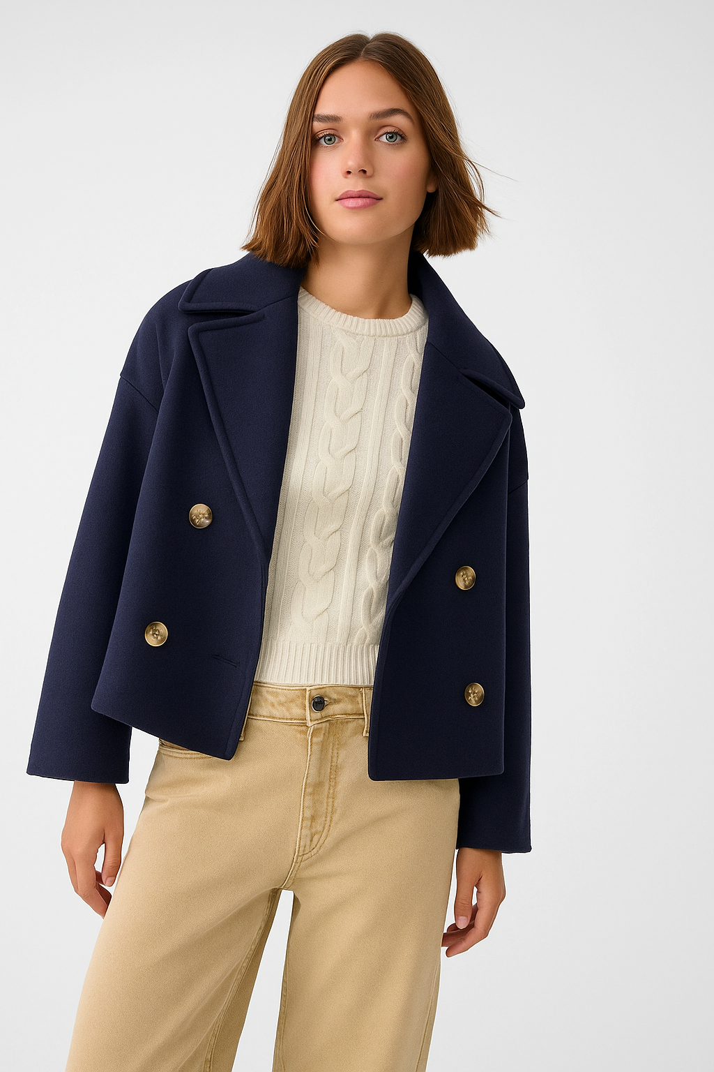 Dames Peacoat Dubbelrij Relaxed Fit Lange Jas
