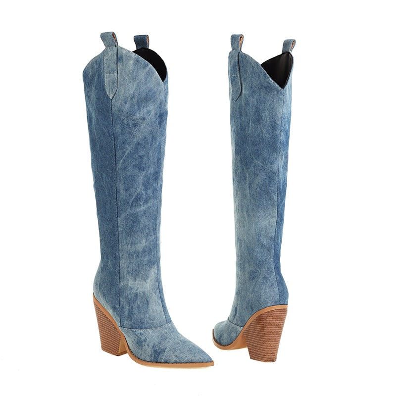 Cowboylaarzen Vrouw Blauw Denim Leer Western Stijl