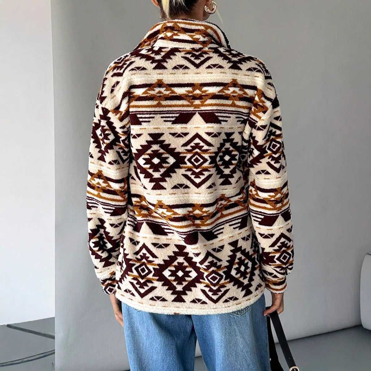 Dames Fleece Jas Warm Etnisch Print Trendy