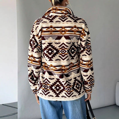 Dames Fleece Jas Warm Etnisch Print Trendy