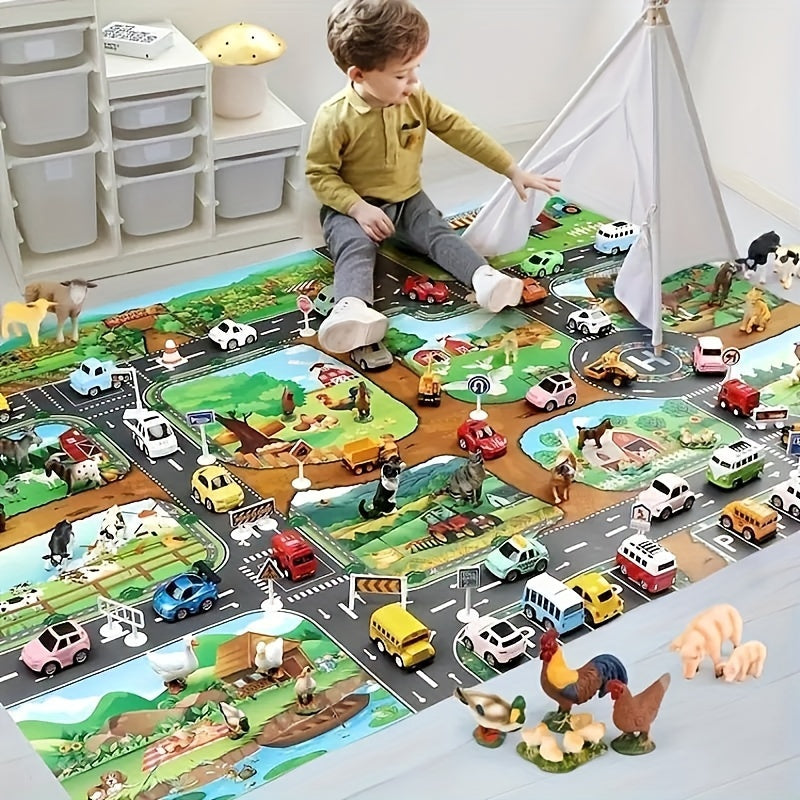 Speelkleed Kinderen 100x130cm Boerderij Wegen Antislip Speelmat Speelgoedauto's Dieren Verkeerskleed Kinderkamer Vloerkleed