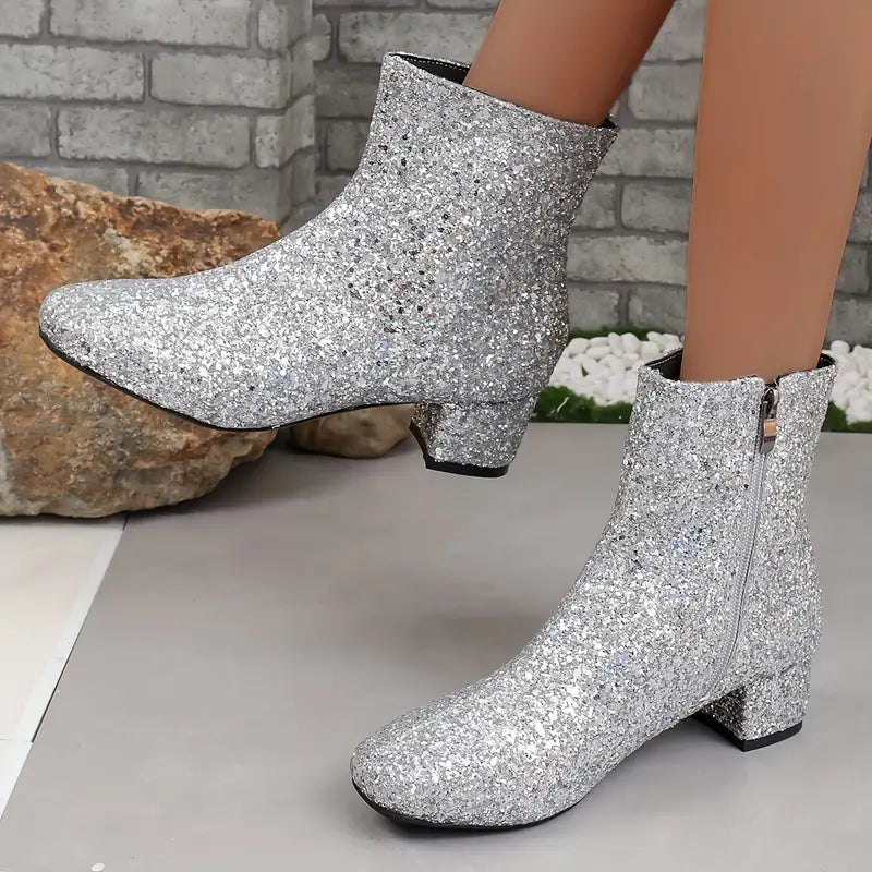 Glitter Enkellaarsjes met Blokhak en Glimmer Effect