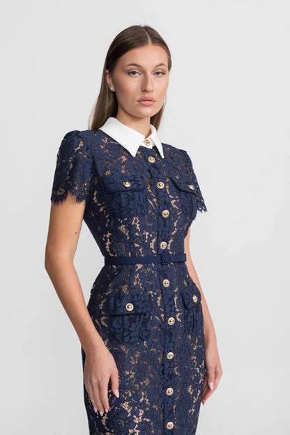 Midi Jurk Dames Marineblauw Bloemenkant met Kraag en Ceintuur