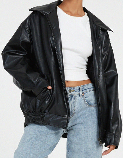 Dames Leren Jas Oversized PU Leer Trendy Look