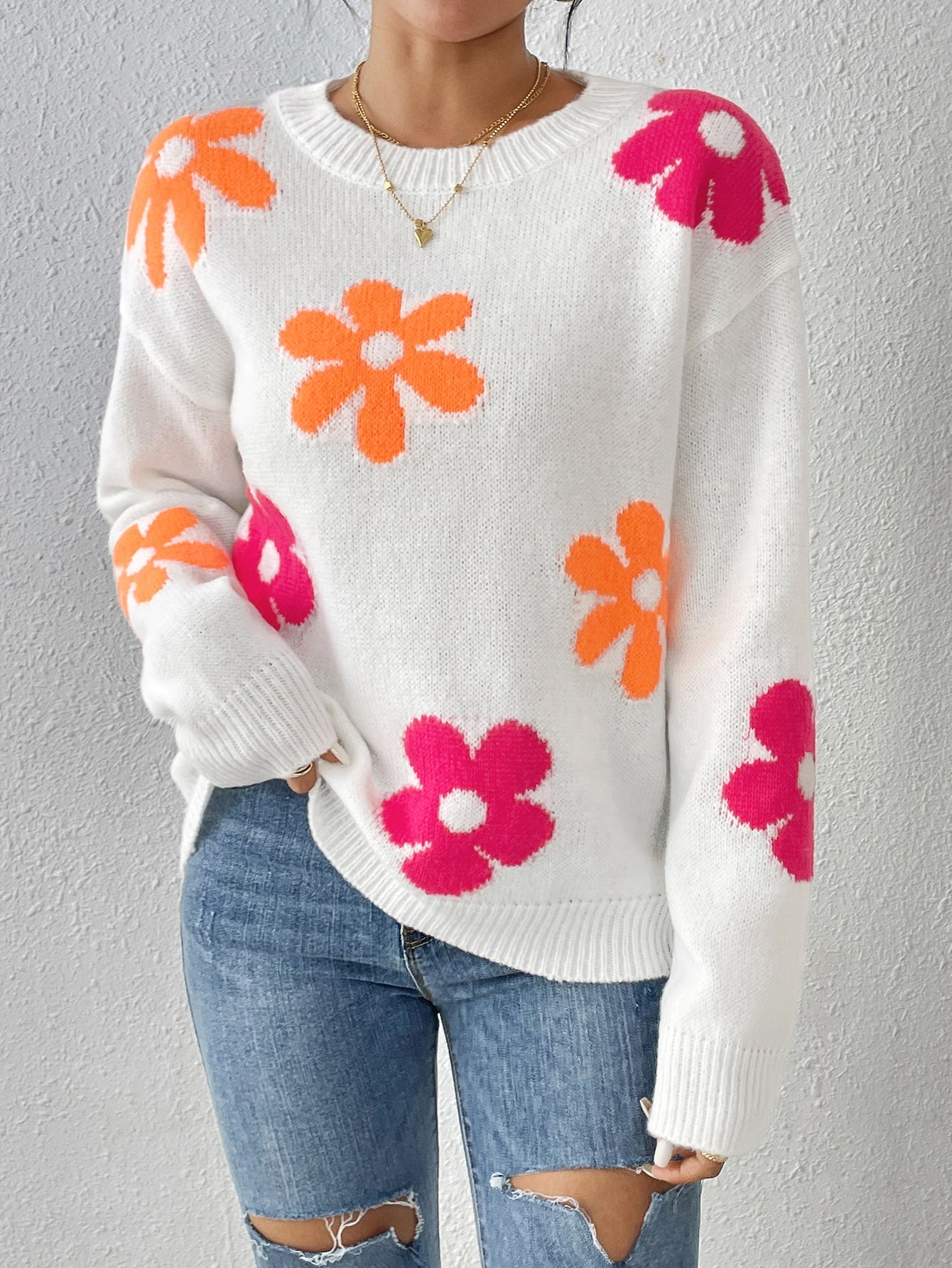 Vrouwelijke Gebreide Trui met Bloemenprint