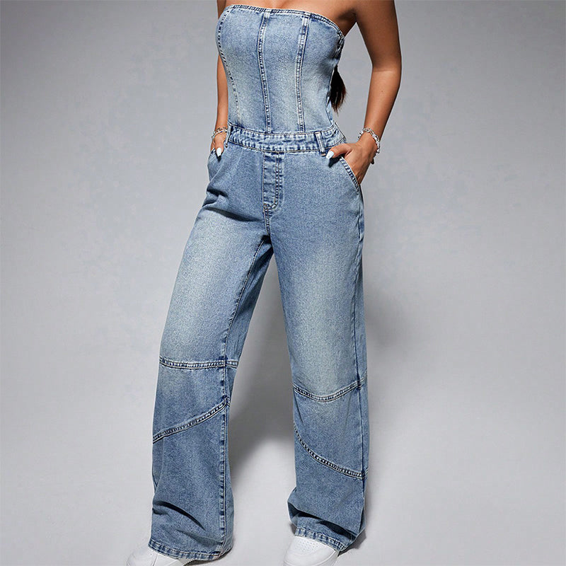 Blauwe Jumpsuit Off-shoulder Denim Stijl - StudioMarella
