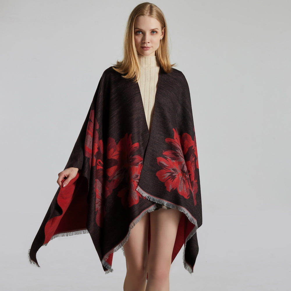 Dames Sjaal Bloemenprint Cape Stijl Levi's Blazer Look