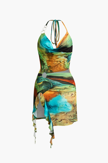 Kleurrijke Mini-jurk met Asymmetrische Hals en Leuke Print