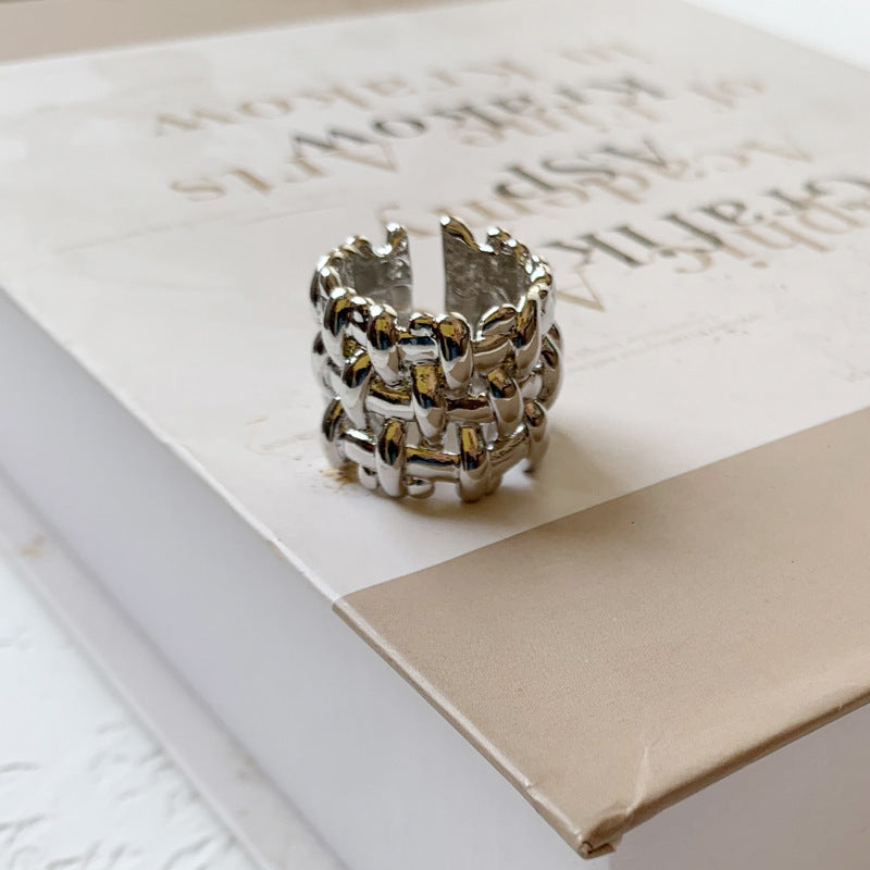 Zilveren Dames Ring Gevlochten Breed Modieus Design