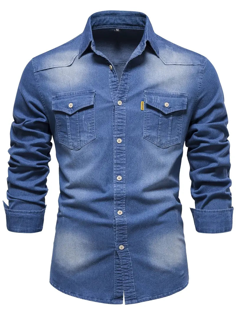 Heren Overhemd Blauwe Denim Casual Kwaliteit