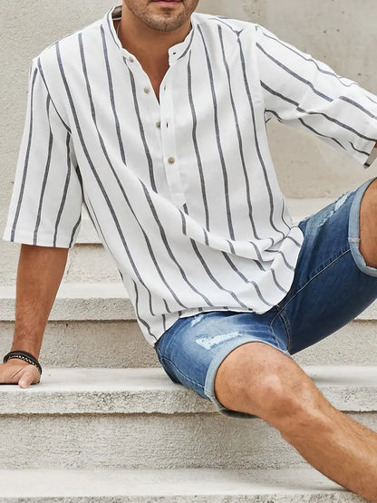 Mannen Zomerhemd Korte Mouwen Strepen Henley Stijl