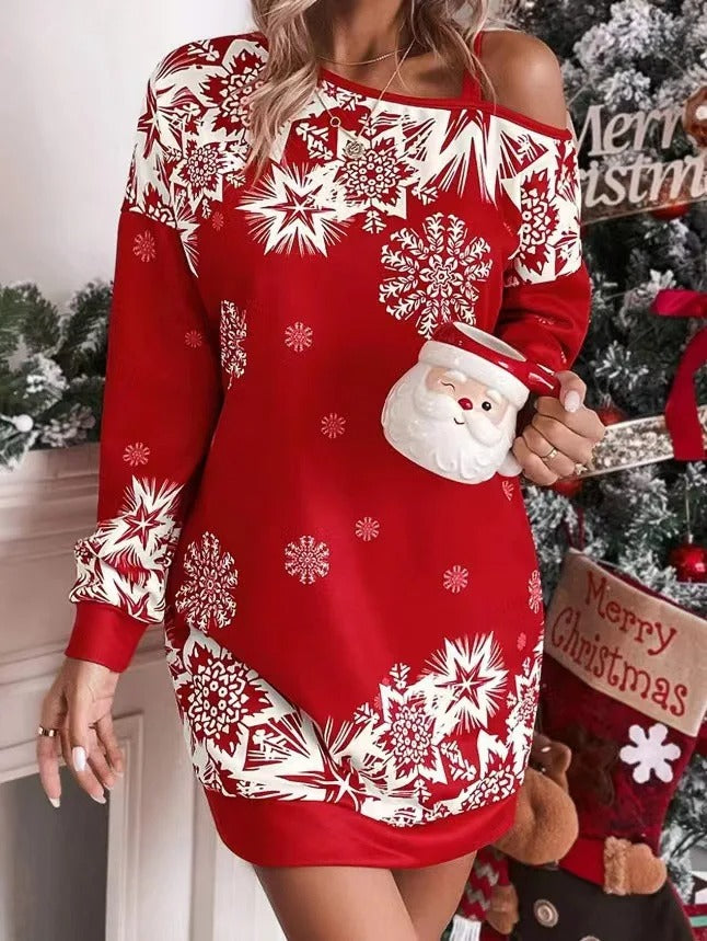 Kerstjurk Sneeuwvlokken Print Rood Groen Feestelijke Jurk