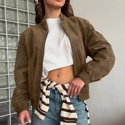 Dames Bomberjas Faux Suede Vintage Stijl met Opstaande Kraag