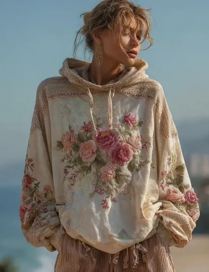 Vrouwelijke Hoodie Bloemenprint Vintage Look