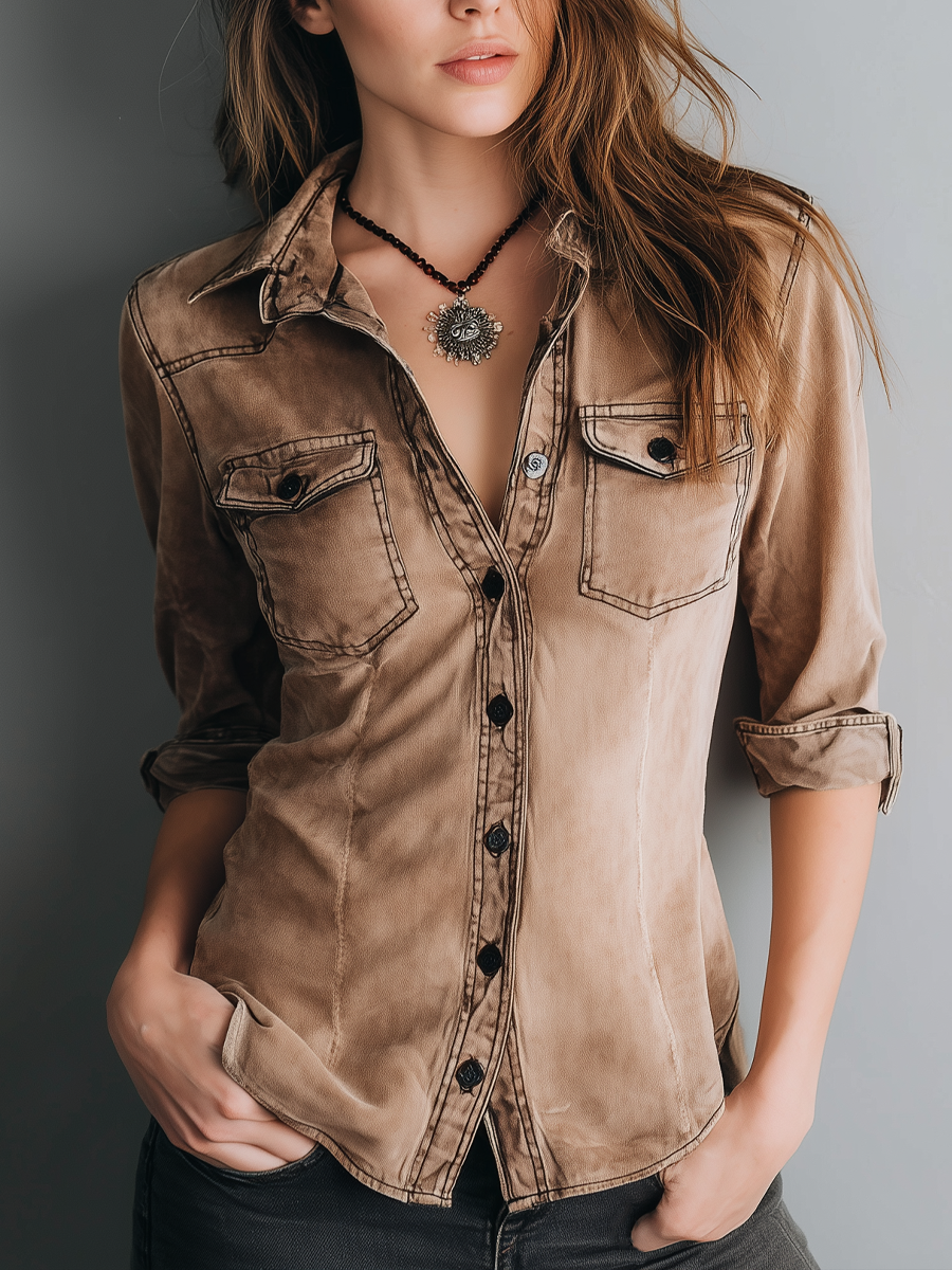 Retro Blouse met Contraststiksels en Gewassen Look - StudioMarella