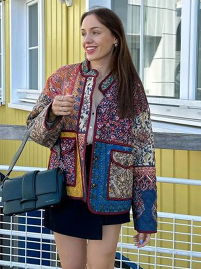 Vrouwen Coat Bloemenprint Patchwork Stijl → Vrouwen Coat Bloemenprint Geprint Jurkjas