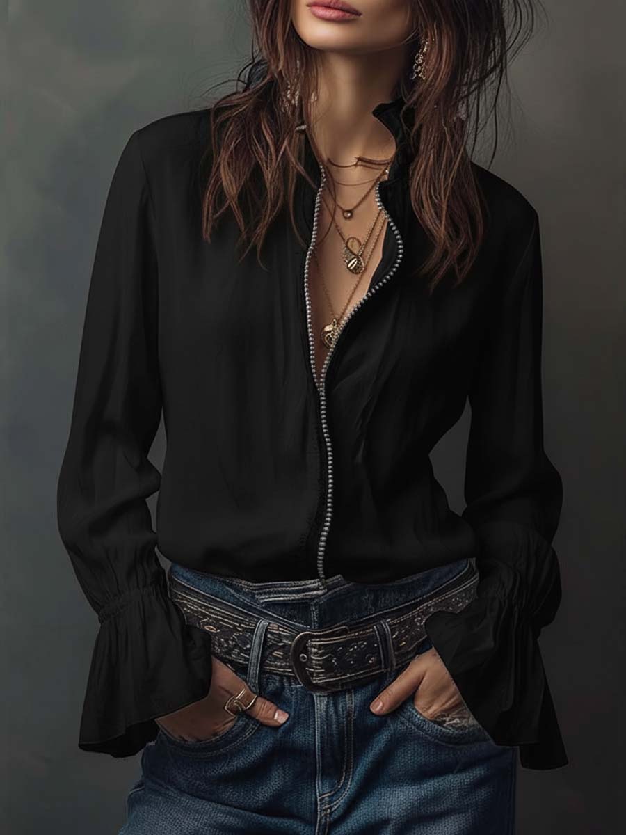 Dames Blouse Wit met Volantmouwen en Ritssluiting